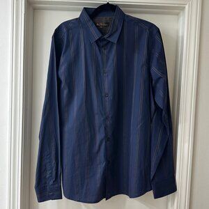 Ben Sherman Navy with Bronze Stripes Button Up Dress Shirt, Size Extra Large